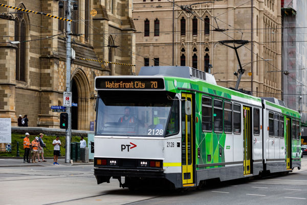 B-Class tram travelling along Flinders Street